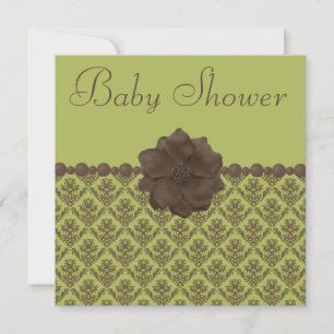 Invitation Baby shower vert et Brown Damas, fleurs et perles