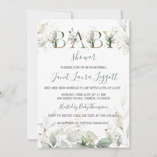 Invitation Baby shower vert et doré (Devant)