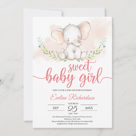 Invitation Baby shower vert et éléphant doux pour petite fill (Devant)