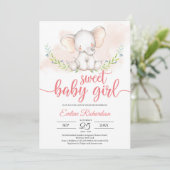 Invitation Baby shower vert et éléphant doux pour petite fill (Debout devant)