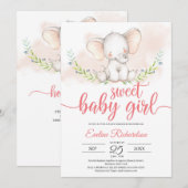 Invitation Baby shower vert et éléphant doux pour petite fill (Devant / Derrière)