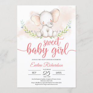 Invitation Baby shower vert et éléphant doux pour petite fill