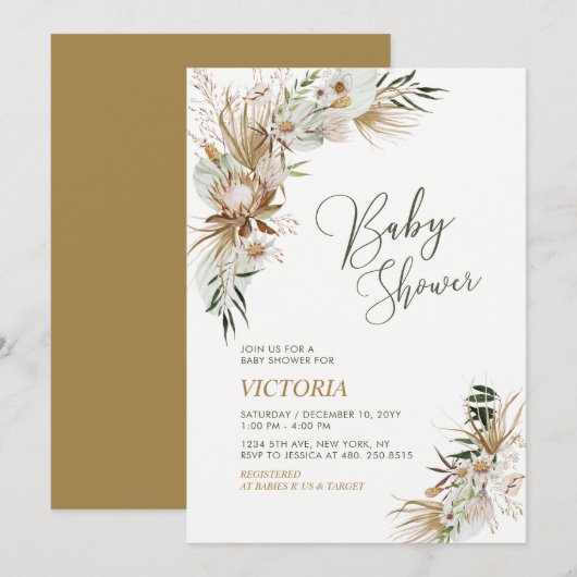 Invitation Baby Shower Vert et Or Boho Botanique (Devant / Derrière)