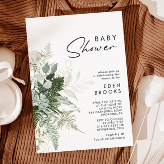 Invitation Baby shower vert et or moderne