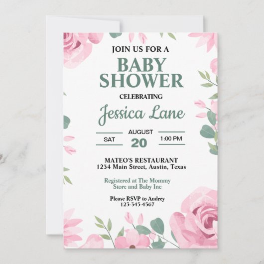 Invitation Baby shower vert et rose marine (Devant)