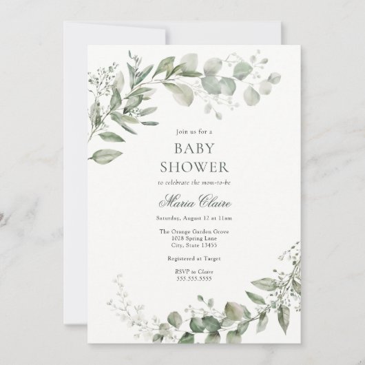Invitation Baby shower vert Eucalyptus (Devant)