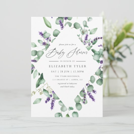 Invitation Baby shower vert Eucalyptus Lavender (Debout devant)