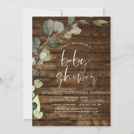 Invitation Baby shower vert Eucalyptus Rustique (Devant)