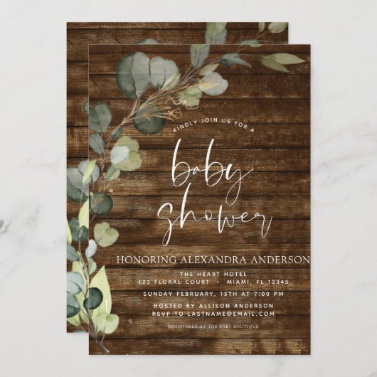Invitation Baby shower vert Eucalyptus Rustique (Devant / Derrière)