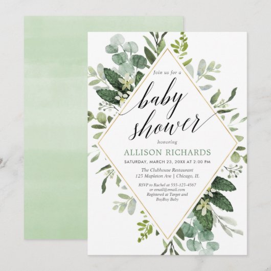 Invitation Baby shower vert eucalyptus sans sexe (Devant / Derrière)