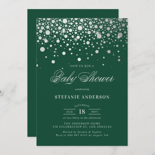Invitation Baby shower vert Faux Silver Foil Confetti Points (Devant / Derrière)