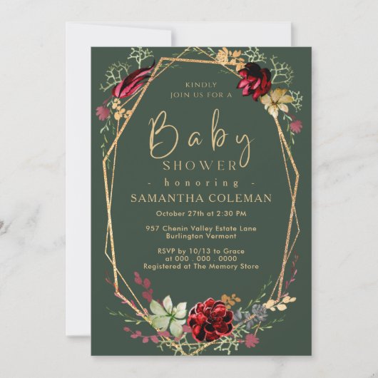 Invitation Baby shower vert foncé du Fleur sauvage Boho géomé (Devant)