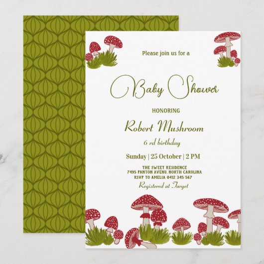 Invitation Baby shower vert Goblincore Fly Mushrooms (Devant / Derrière)