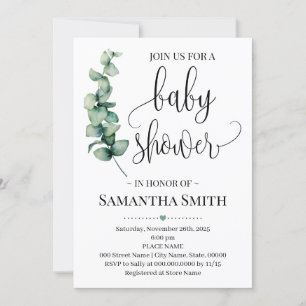 Invitation Baby shower vert minimaliste eucalyptus