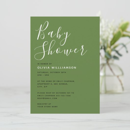 Invitation Baby shower vert moderne Sage (Debout devant)