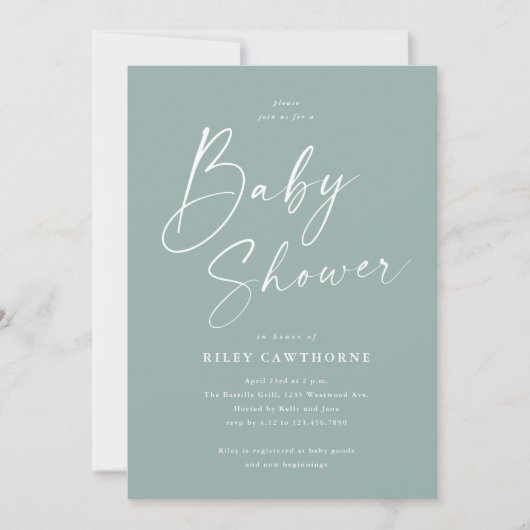 Invitation Baby shower vert moderne Sage Script (Devant)