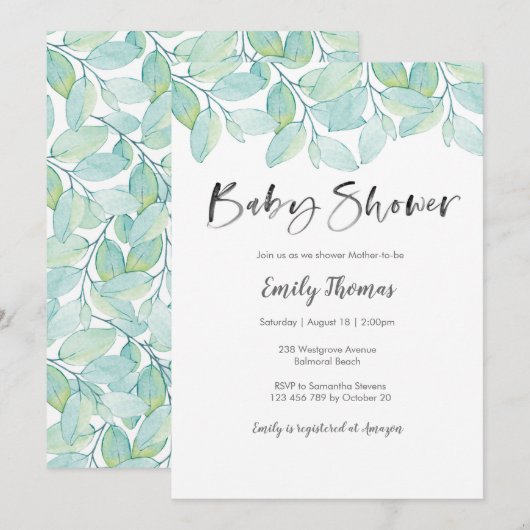 Invitation Baby shower vert - neutre pour les femm (Devant / Derrière)
