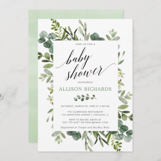 Invitation Baby shower vert neutre pour les femmes (Devant / Derrière)