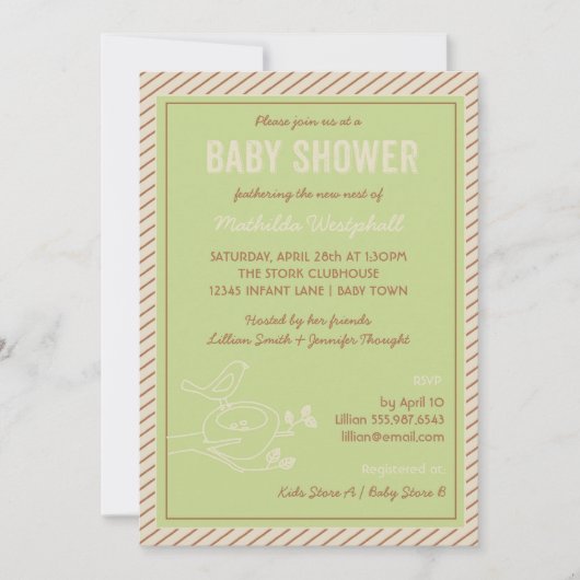 Invitation Baby shower vert nid d'oiseaux (Devant)