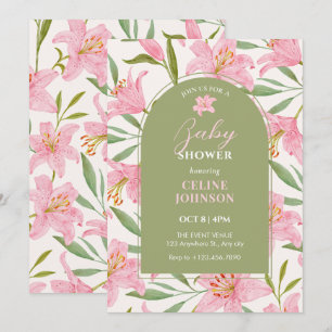 Invitation Baby shower vert pastel fleuri rose lys