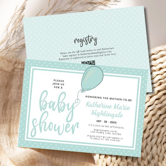 Invitation Baby shower vert Pastel neutre genre Code QR