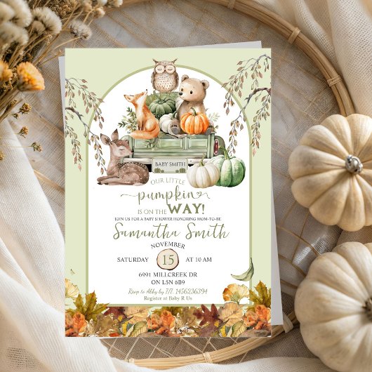 Invitation Baby shower vert Petit Citrouille de bois Animaux