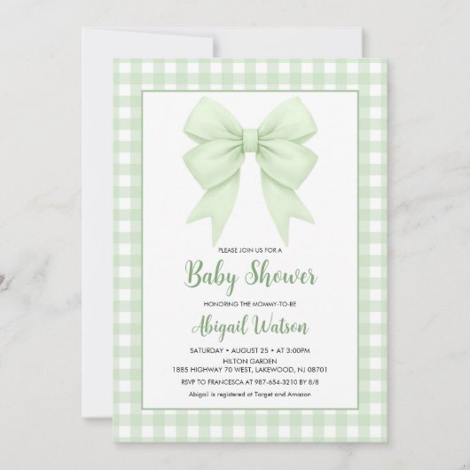 Invitation Baby shower Vert Plaid Et Bow Vert (Devant)