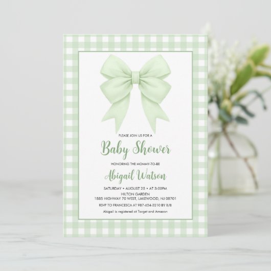 Invitation Baby shower Vert Plaid Et Bow Vert (Debout devant)