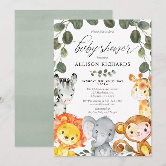 Invitation Baby shower vert pour animaux mignons et neutres s (Devant / Derrière)