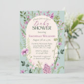 Invitation Baby shower vert pourpre Fleur sauvage d'aquarelle (Debout devant)