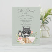 Invitation Baby shower vert Racoon Watercolor Sage (Debout devant)