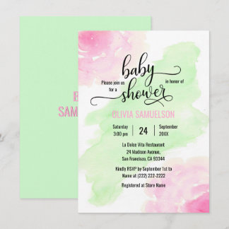 Invitation Baby shower vert Rose d'aquarelle rose et menthe