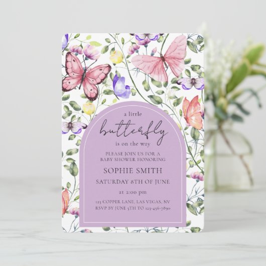 Invitation Baby shower vert rose papillon pourpre (Debout devant)
