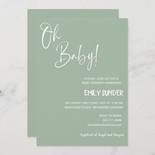 Invitation Baby shower vert Sage (Devant / Derrière)