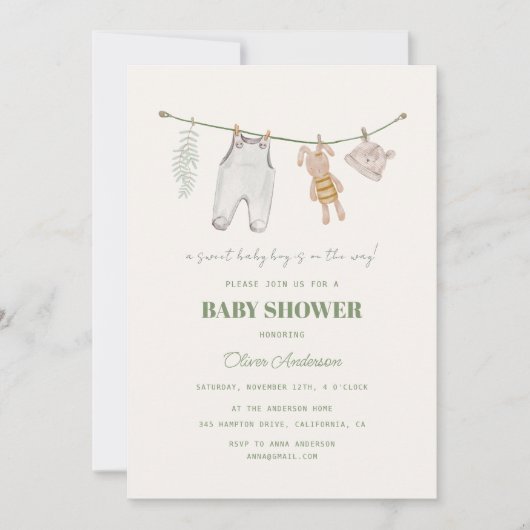 Invitation Baby shower vert Sage Boho Vêtements pour garçons (Devant)