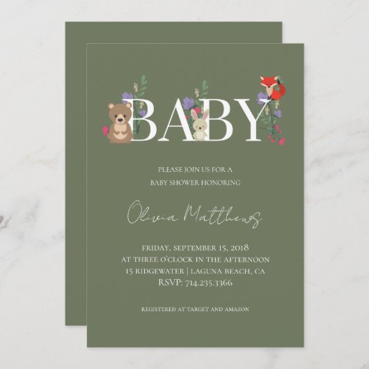 Invitation Baby Shower Vert Sage de la Forêt (Devant / Derrière)