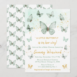 Invitation Baby Shower Vert Sauge et Papillon Doré