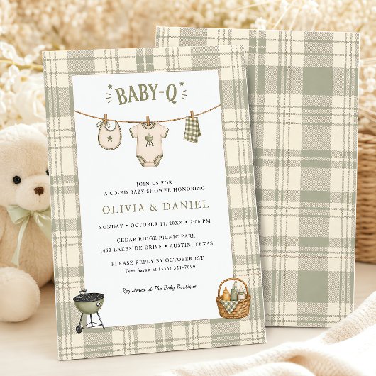 Invitation Baby Shower Vert Sauge Gingham BBQ Rustique