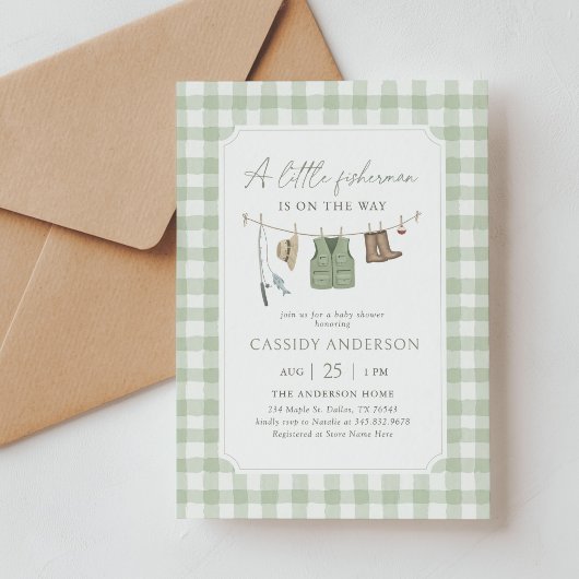 Invitation Baby Shower Vert Sauge Gingham Pêche