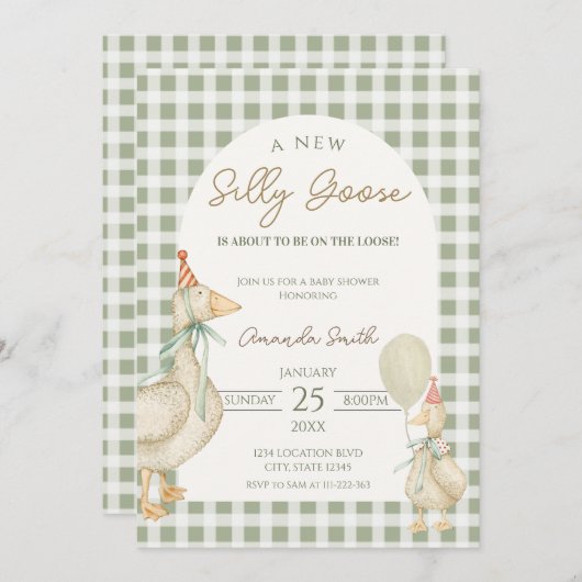 Invitation Baby shower vert Silly Goose (Devant / Derrière)