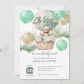 Invitation Baby shower vert Teddy Bear Hot Air Balloon (Devant)