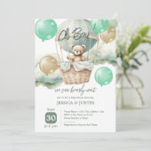 Invitation Baby shower vert Teddy Bear Hot Air Balloon (Debout devant)