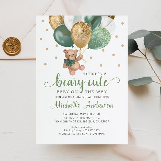 Invitation Baby shower vert Teddy Bear Sage