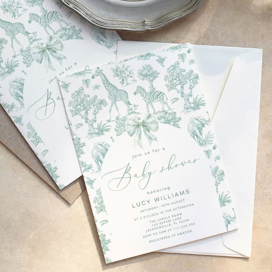 Invitation Baby shower vert Toile de Jouy Safari