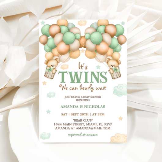 Invitation Baby shower vert Twins Teddy Bear