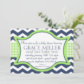 invitation Baby shower. vert vif du chevron bleu (Debout devant)