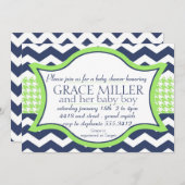 invitation Baby shower. vert vif du chevron bleu (Devant / Derrière)