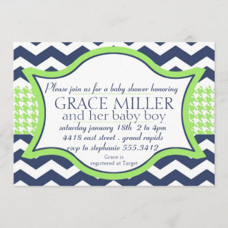 invitation Baby shower. vert vif du chevron bleu
