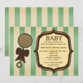 Invitation Baby shower vert Vintage Rattle & Stripes (Devant / Derrière)