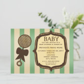 Invitation Baby shower vert Vintage Rattle & Stripes (Debout devant)